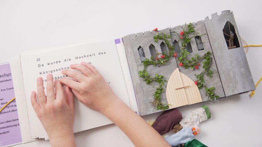 Zwei Kinderhände lesen Blindenschrift in einem aufgeschlagenen Tastbuch. Auf der linken Seite des Buches Text in Großdruck und Blindenschrift, rechts ein aus verschiedenen Materialien zusammengesetztes Schloss mit Holztor und Blumenranken.