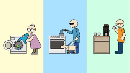 Grafik: Eine ältere Frau zieht einen Pullover aus der Waschmaschine, ein Mann mit Blindenführhund kocht am Herd, ein Mann mit Brille bedient sich am Kaffee-Automaten. Alle lächeln zufrieden.