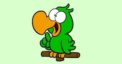 Comic-Zeichnung von Joscha Sauer: Ein grüner Papagei mit orangem Schnabel, großen Augen und freundlichem Gesichtsausdruck sitzt auf einer Stange. Er hebt einen Flügel in die Höhe, wie eine erklärende Geste.