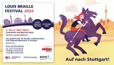 Ankündigungsgrafik für das Festival 2024: Violettes Pferd hebt freudig die Vorderhufe. Reiterin mit roten wehenden Haaren schmiegt sich an das Pferd. Ein Langstock klemmt unter ihrem rechten Arm.
