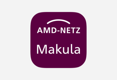 Logo: Weißer Text "AMD-Netz Makula" auf einem Quadrat mit abgerundeten Kanten in einem dunklen Lila.
