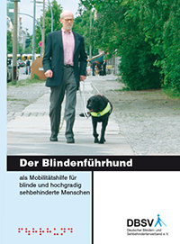 Das Bild zeigt in der oberen Hälfte einen Mann in blauem Sacko und grauer Hose, in der Hand das Führgeschirr mit schwarzem Hund auf einem Gehweg. Darunter ist der Titel der Broschüre mit DBSV-Logo zu sehen