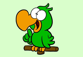 Comic-Zeichnung von Joscha Sauer: Ein grüner Papagei mit orangem Schnabel, großen Augen und freundlichem Gesichtsausdruck sitzt auf einer Stange. Er hebt einen Flügel in die Höhe, wie eine erklärende Geste.