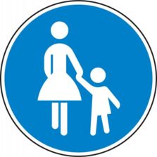 Verkehrsschild für Gehweg Verkehrszeichen 239 nach StVO / blaues rundes Schild mit einem Piktogramm für zu Fuß Gehende / Frau mit Kind an der Hand