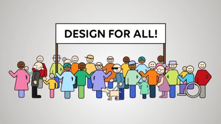 Grafik: Unterschiedliche Menschen in bunter Kleidung versammeln sich vor einem Banner mit der Aufschrift "Design for All"