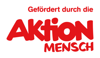 Logo der Aktion Mensch - Text "Gefördert durch die Aktion Mensch" in roten Buchstaben vor weißem Hintergrund