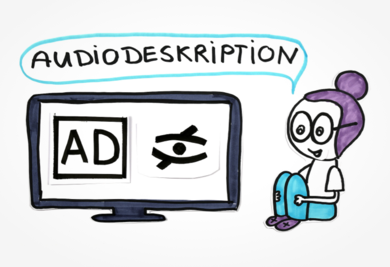 Standbild aus einem Animationsfilm: links ein gezeichneter Fernseher, auf dem Bildschirm die Symbole "AD" und ein durchgestrichenes Auge. Daneben eine sitzende Frau, mit Brille und einem lila Haarknoten. In einer Sprechblase das Wort "Audiodeskription".