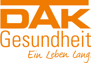 Oranger Text auf weißem Hintergrund: "DAK Gesundheit Ein Leben Lang"