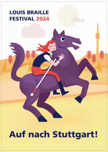 Ankündigungsgrafik für das Festival 2024: Violettes Pferd hebt freudig die Vorderhufe. Reiterin mit roten wehenden Haaren schmiegt sich an das Pferd. Ein Langstock klemmt unter ihrem rechten Arm.