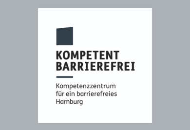 Logo: In schwarzer Schrift der Text "Kompetent barrierefrei - Kompetenzzentrum für ein barrierefreies Hamburg". Darüber ein Viereck mit abgeschrägter oberer Kante in dunklem Anthrazit.