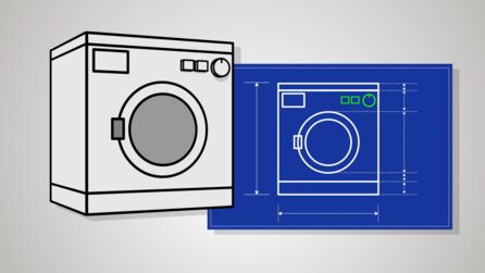 Grafik: Rechts neben einer Waschmaschine ist eine Skizze des Geräts auf blauem Hintergrund dargestellt. Auf der Skizze sind die Drehregler grün hervorgehoben.