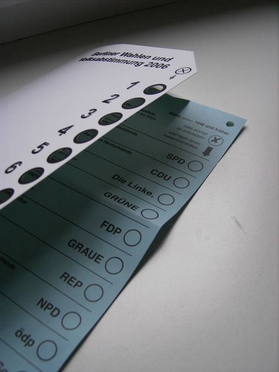 Eine Wahlschablone, unter der ein Stimmzettel liegt. Die Schablone hat nummerierte Löcher, die obere rechte Ecke ist abgeschnitten. Der Stimmzettel hat oben rechts ein Loch.