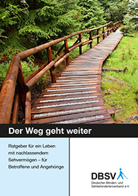 Das Bild zeigt in der oberen Hälfte eine Holzbrücke mit Geländer auf der linken Seite, die in der Ferne verschwindet. Sie ist umrahmt von grünen Bäumen und Wiese.Darunter ist der Titel der Broschüre mit DBSV-Logo zu sehen